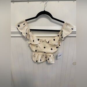 Altar'd State Cream Ruffle Blouse with Black Polka Dots